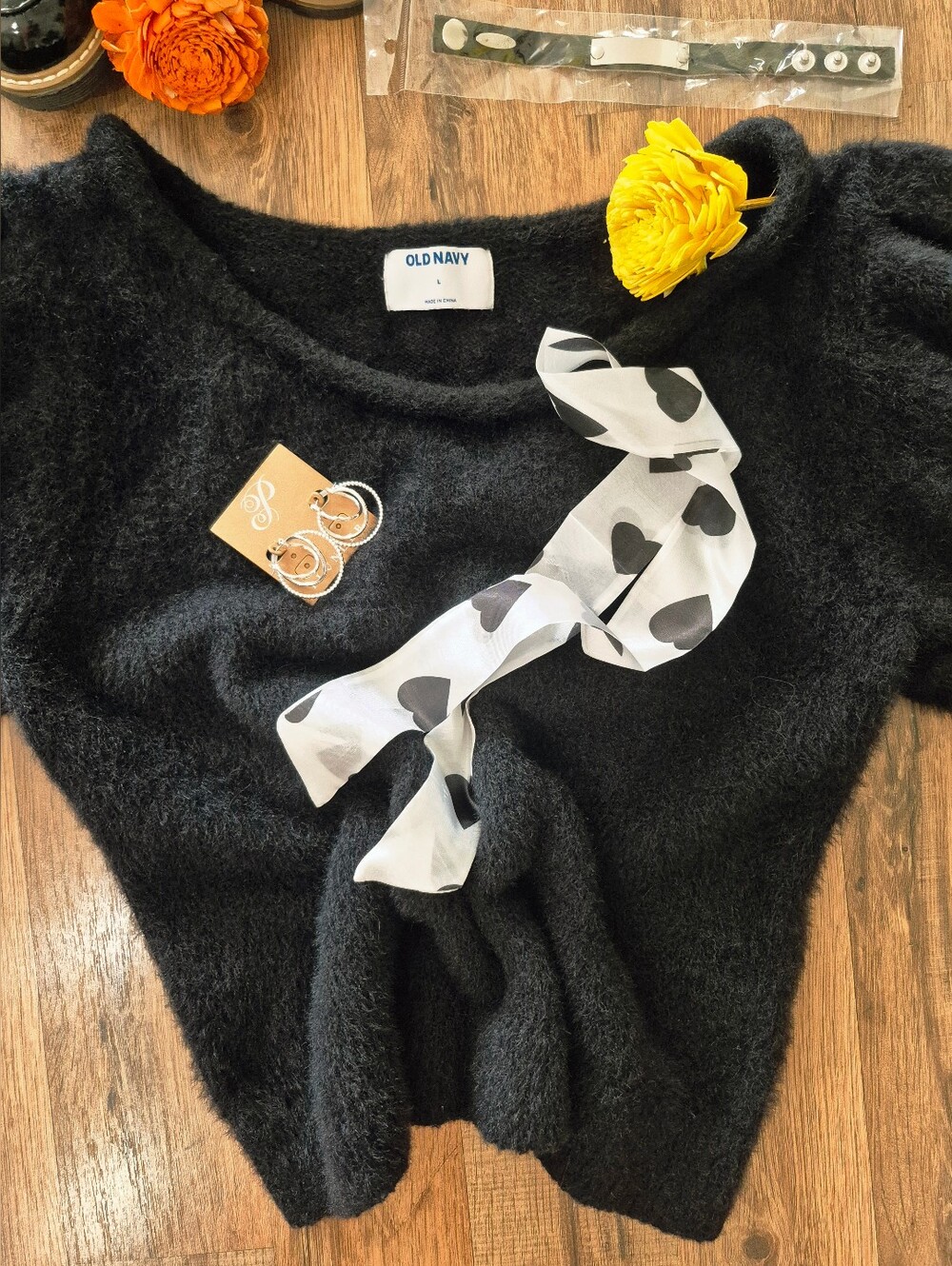Old Navy Black Puff Sleeve Knit Top with Heart Scarf Accent